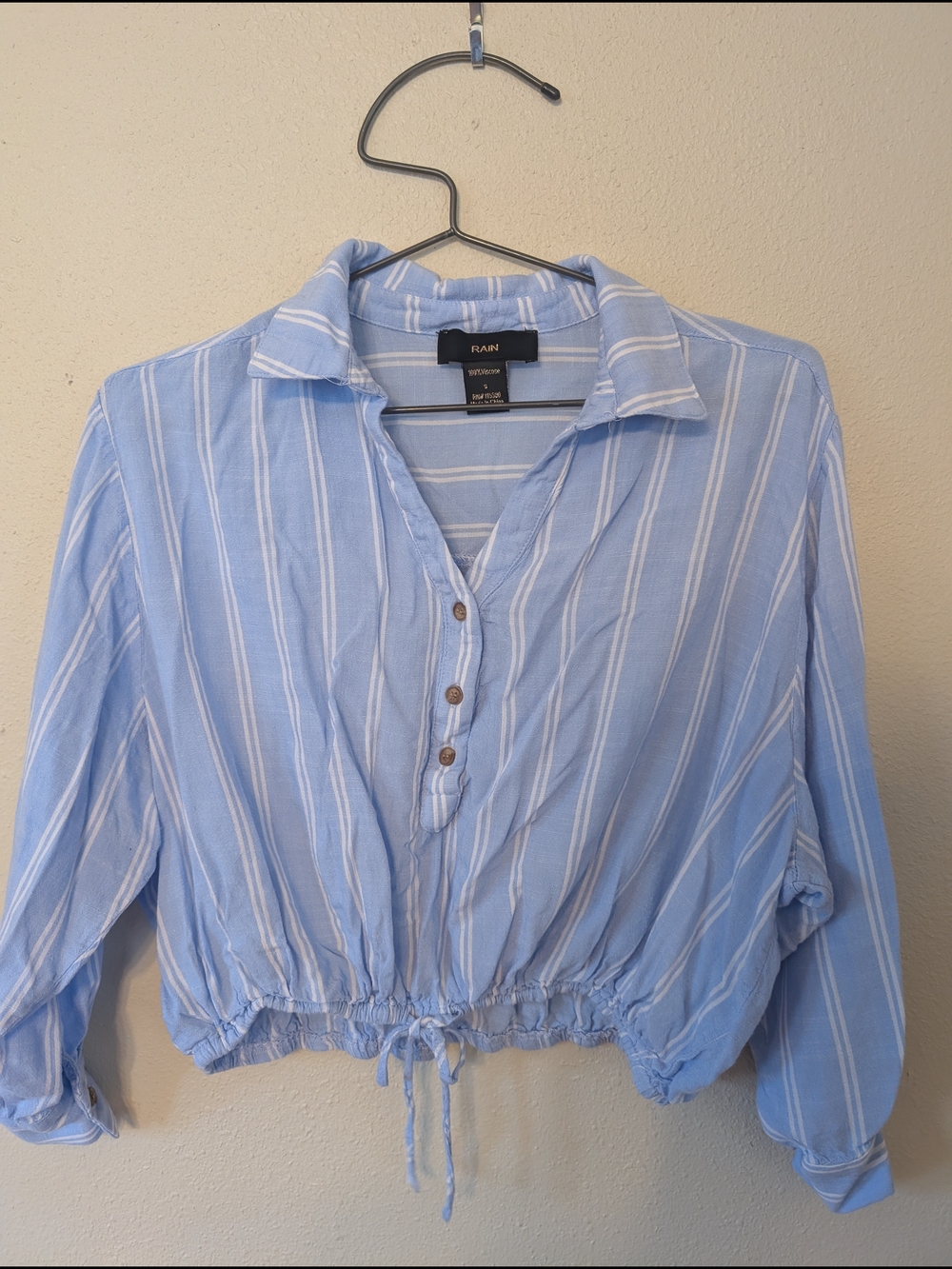 Light Blue Stripe Drawstring Crop Button-Up Top